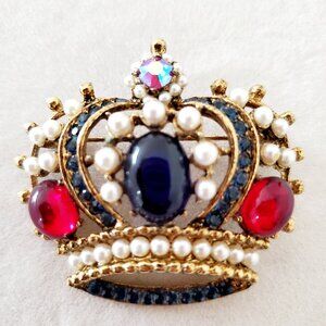 Vintage WEISS Signed Royal Crown Brooch Pearls Cabachon Aurora Borealis Goldtone